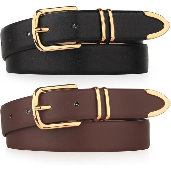Women Belts Leather Jeans Pants with Gold Buckle Pack 2 Fashionable